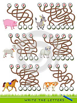 Logic puzzle game for study English with labyrinth. Find correct places and write the letters. Read the words.