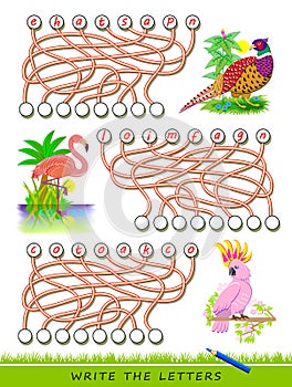 Logic puzzle game for study English with labyrinth. Find correct places and write the letters. Read the words.