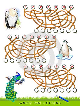 Logic puzzle game for study English with labyrinth. Find correct places and write the letters. Read the words.