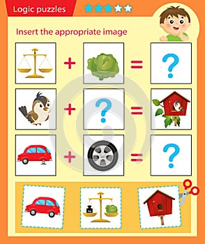 Logic puzzle for kids. Matching game, education game for children. Match the right object. Worksheet vector design for