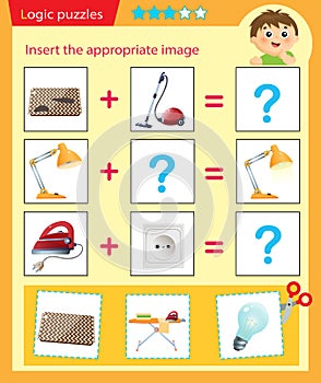 Logic puzzle for kids. Matching game, education game for children. Match the right object. Worksheet vector design for