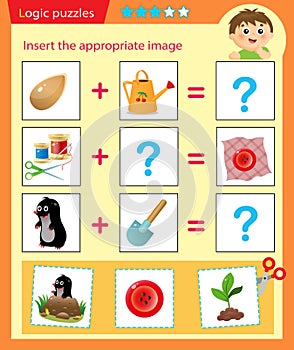 Logic puzzle for kids. Matching game, education game for children. Match the right object. Worksheet vector design for