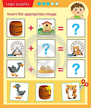 Logic puzzle for kids. Matching game, education game for children. Match the right object. Worksheet vector design for