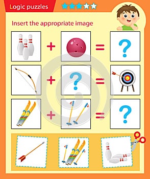 Logic puzzle for kids. Matching game, education game for children. Match the right object. Worksheet vector design for