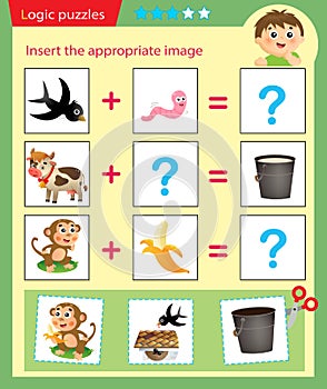 Logic puzzle for kids. Matching game, education game for children. Match the right object. Worksheet vector design for