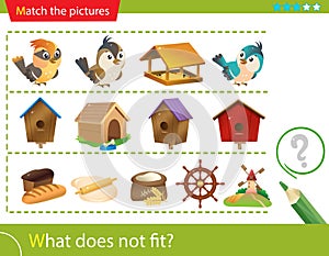 Logic puzzle for kids. What does not fit? Birds. Birdhouses. Bread making. Education game for children. Worksheet vector design