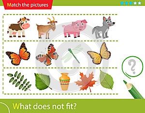 Logic puzzle for kids. What does not fit? Farm animals. Butterflies. Tree leaves. Education game for children. Worksheet vector