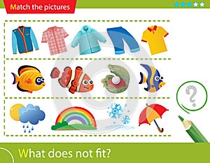 Logic puzzle for kids. What does not fit? Sweatshirts and shirts. Fish. Weather events. Education game for children. Worksheet