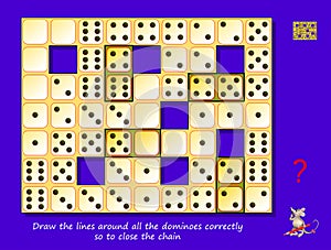 Logic puzzle maze game for children and adults. Draw the lines around all the dominoes correctly so to close the chain.