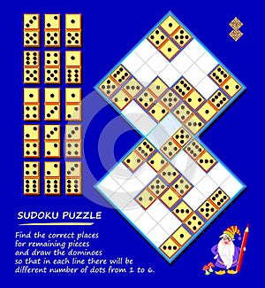Logic puzzle Sudoku game. Find correct places for remaining pieces and draw dominoes so that in each line there will be different