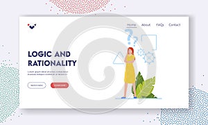 Logic and Rationality Landing Page Template. Female Character with Critical Thinking, Woman with Geometrical Shapes