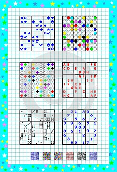 Logic Sudoku game. Set of different level puzzles. Educational page on square paper. Printable worksheet for children and adults.