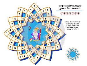 Logic Sudoku puzzle game for smartest. Write the numbers in empty places so each line have different signs from 1 to 7.