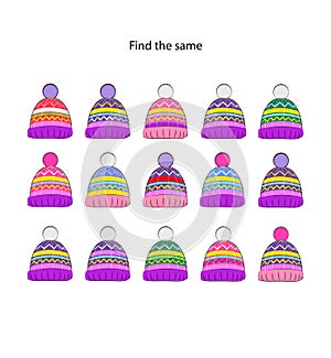 Logic visual puzzle for kids find the same hat