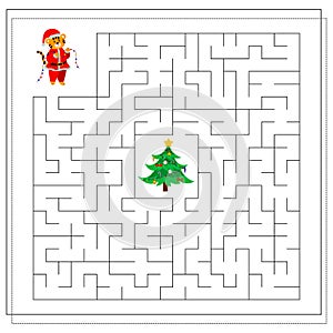 A logical game for children. Complete the maze. A tiger in the new year, a tiger at Christmas. Vector