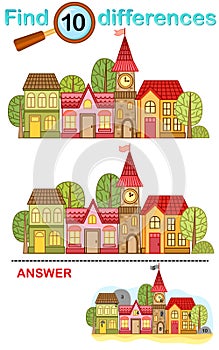 Logical game for children education. Find the differences in the picture. A town with cute houses and a tower