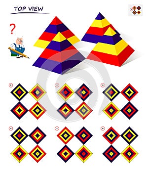 Logical puzzle game for children and adults. Find the correct top view of the pyramids. Printable page for kids brain teaser book. photo