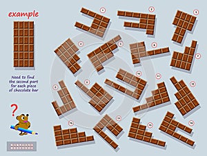 Logical puzzle game for children and adults. Find second part for each piece of chocolate bar.