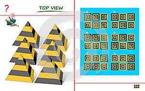 Logical puzzle game for children and adults. Need to find correct top view of pyramids. Printable page for kids brain teaser book.