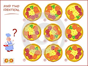 Logical puzzle game for children and adults. Need to find two identical pizzas. Educational page for kids. IQ training test.