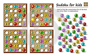 Logical puzzle game for children and adults. Sudoku for kids. Find the correct place for all the balls and draw them.