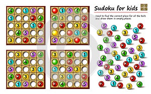 Logical puzzle game for children and adults. Sudoku for kids. Find the correct place for all the balls and draw them. photo