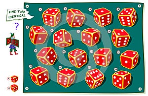 Logical puzzle game for kids and adults. Find two identical dices. Printable page for brainteaser book.