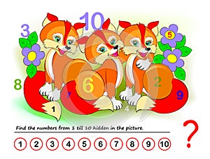 Logical puzzle game for kids. Math exercise for little children. Find hidden numbers from 1 till 10.