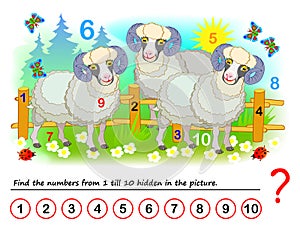 Logical puzzle game for kids. Math exercise for little children. Find hidden numbers from 1 till 10.
