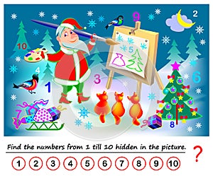 Logical puzzle game for kids. Math exercise for little children. Find hidden numbers from 1 till 10. Developing counting skills.
