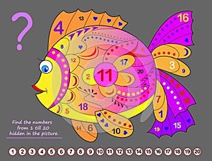 Logical puzzle game for kids. Math exercise for little children. Find hidden numbers from 1 till 20. Developing counting skills.