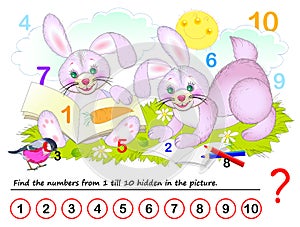 Logical puzzle game for kids. Math exercise for little children. Find hidden numbers from 1 till 10. photo