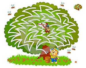 Logical puzzle game with labyrinth for children and adults. Help the bear find the hollow with honey in the tree.