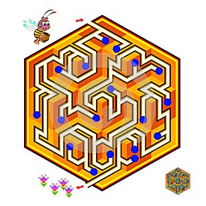 Logical puzzle game with labyrinth for children and adults. Help the little bee find the way in honeycomb till flowers.