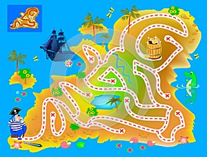 Logical puzzle game with labyrinth for children and adults. Help pirate find way in treasure island till buried gold. photo