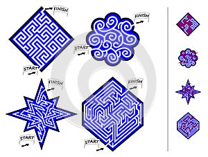 Logical puzzle game with labyrinth for children and adults. Set of little mazes. Find the way from start till finish. photo