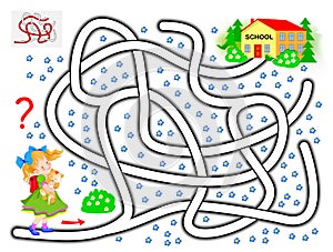 Logical puzzle game with labyrinth for children. Help the little girl find the way till the school. photo