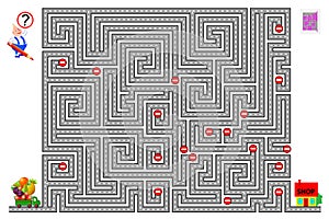 Logical puzzle game with labyrinth for children. Help the lorry find the way and deliver food to the shop respecting traffic signs