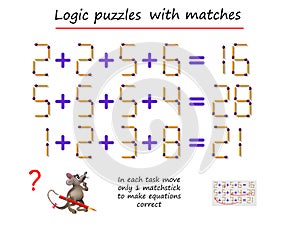 Logical puzzle game with matches. In each task move only 1 matchstick to make equations correct. Math tasks on addition.