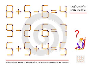 Logical puzzle game with matches. In each task move 1 matchstick to make the inequalities correct.