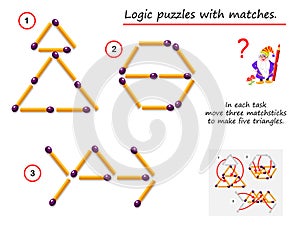 Logical puzzle game with matches. In each task need to move three matchsticks to make five triangles.