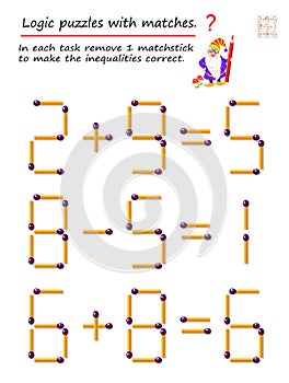 Logical puzzle game with matches. In each task remove 1 matchstick to make the inequalities correct. photo