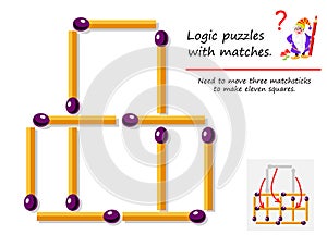 Logical puzzle game with matches. Need to move three matchsticks to make eleven squares. Printable page for brainteaser book.