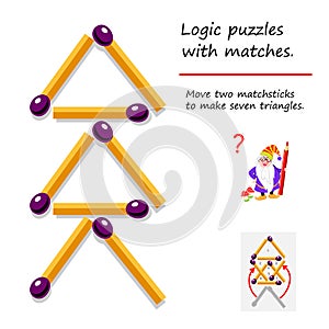 Logical puzzle game with matches. Need to move two matchsticks to make seven triangles. Printable page for brainteaser book.