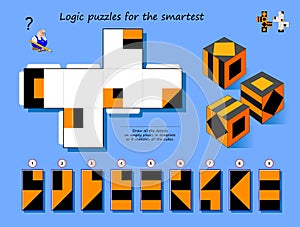 Logical puzzle game for smartest. Draw all the details on empty places in template so it matches all the cubes.