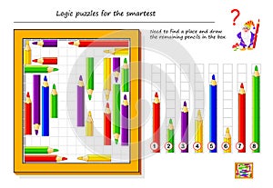 Logical puzzle game for smartest. Need to find a place and draw the remaining pencils in the box. photo