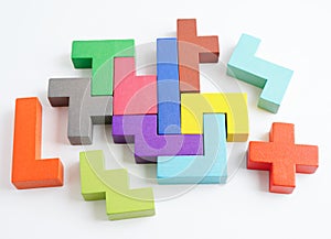 Logical thinking and problem solving problem solution creative business concept, wooden puzzle geometric block shape
