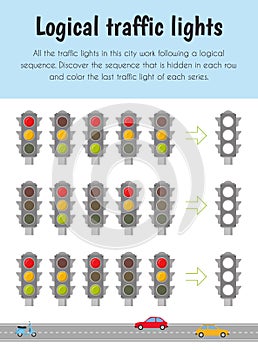 Logical traffic lights Educational Sheet. Primary module for Logic Reasoning. 5-6 years old