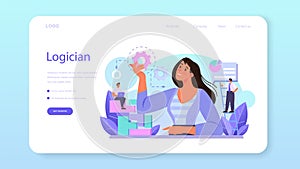 Logician web banner or landing page. Scientist systematicly studying logical