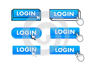 Login Button with pointer clicking. Login web buttons set. User interface element in flat style. Vector stock
